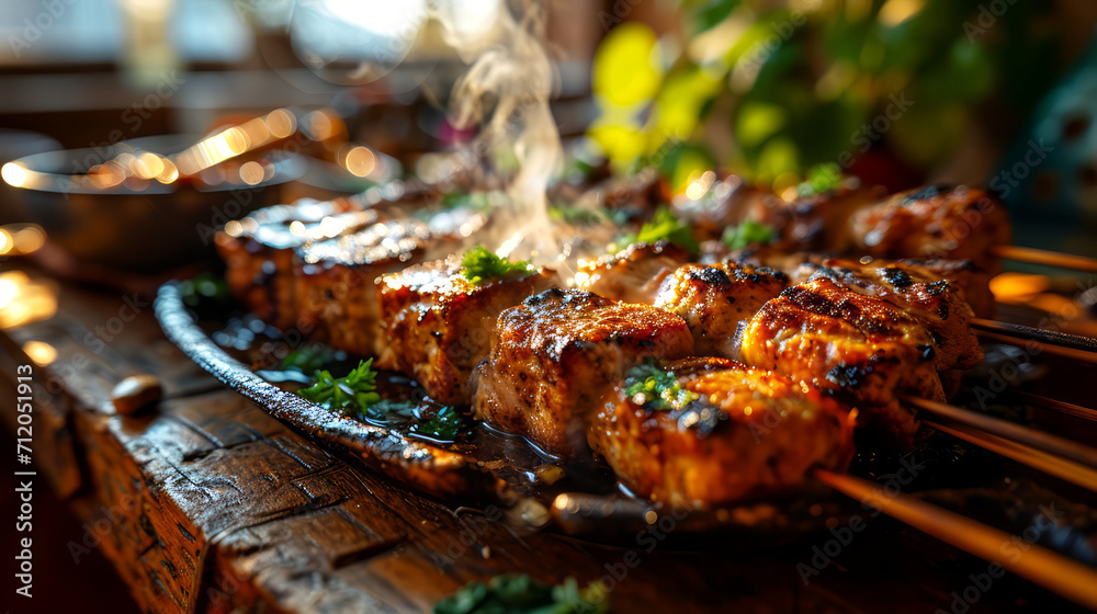 Grilled chicken on skewers on a wooden table in the kitchen.