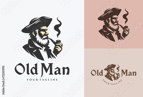old man wearing hat smoking with pipe logo design vector illustration