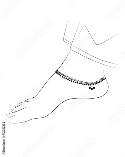 Beautiful Indian woman feet with anklet line drawing isolated on white background - vector illustration