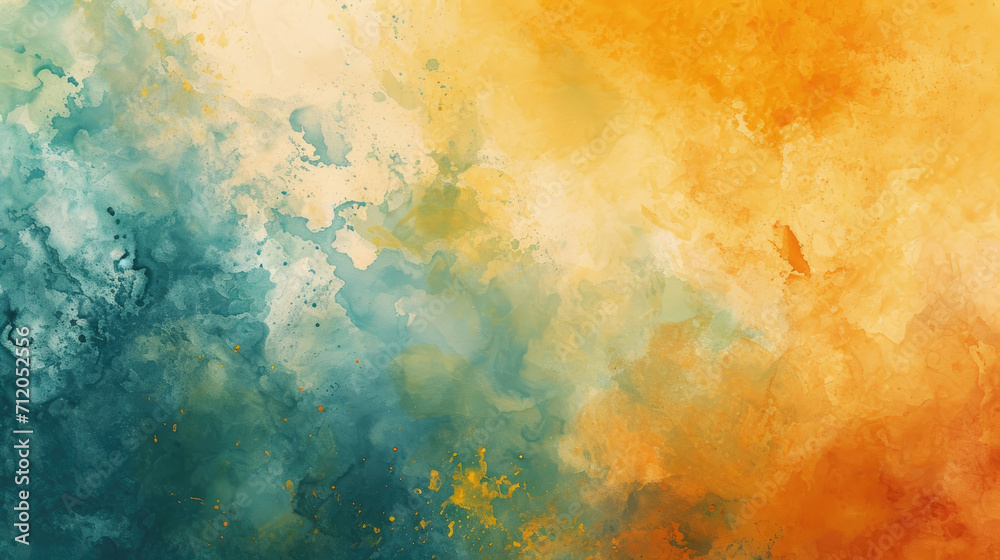 Watercolor abstract background on canvas with a dynamic mix of mustard yellow, teal and burnt orange - obrazy, fototapety, plakaty 