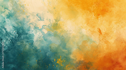 Watercolor abstract background on canvas with a dynamic mix of mustard yellow, teal and burnt orange © boxstock production