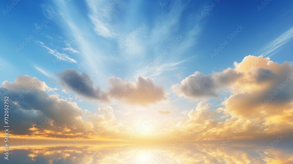 beautiful blue sky and clouds with golden ray sunrise in the morning, natural background, copy space, 16:9