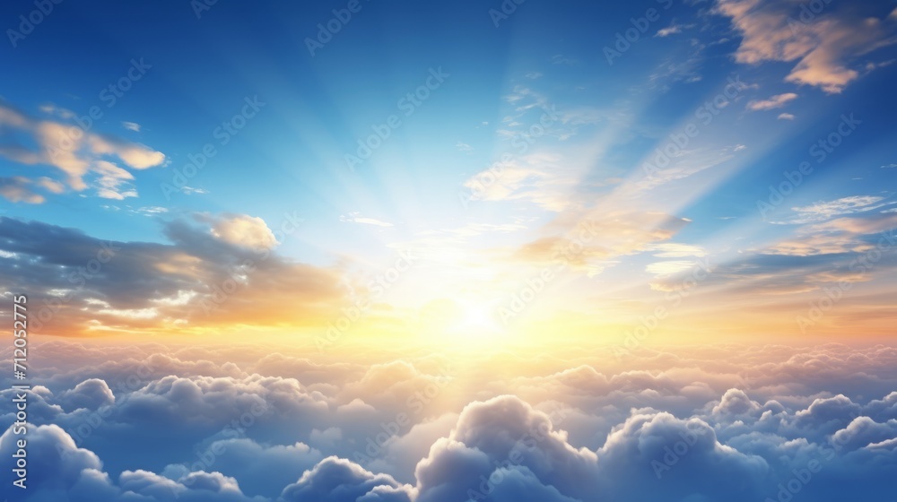 beautiful blue sky and clouds with golden ray sunrise in the morning, natural background, copy space, 16:9