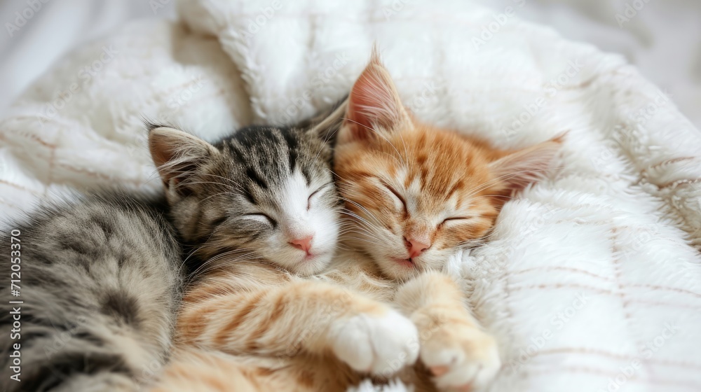 Lovely cat couple sleep together hug on white fluffy bed. Valentine's Day celebration concept.