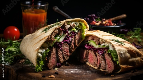 kebab made from wagyu beef, food photograph, 16:9