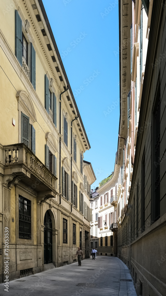 Detail of a typical street, Via del Lauro, in the city center of Milan, Northern Italy.