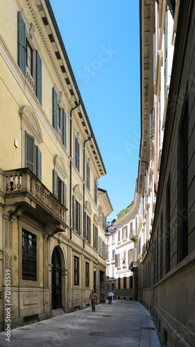 Detail of a typical street, Via del Lauro, in the city center of Milan, Northern Italy.