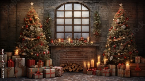 christmas backdrop with lights, tree, copy space, 16:9