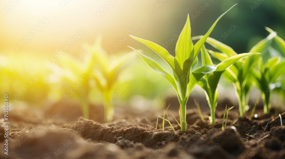 young corn plants in field, sunny day, nature photograph, copy space, 16:9 young corn plants in field, sunny day, nature photograph, copy space, 16:9