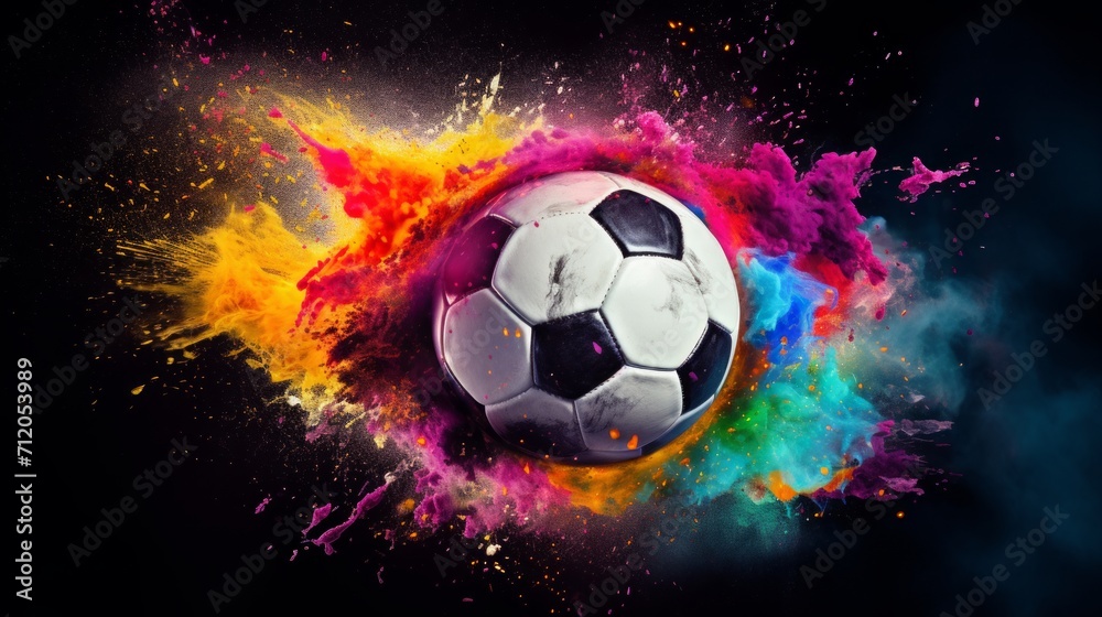 soccer ball bursting into colorful powder, 16:9