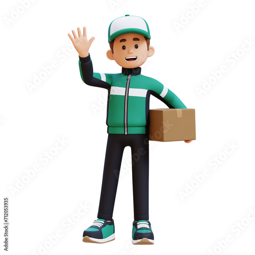 3D Delivery Man Character Waving Hand Pose with Parcel Box
