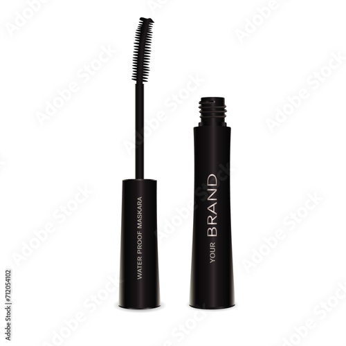mascara on white, Black mascara and brush with geometric shapes on white background. Luxury cosmetic product for eyes makeup. Beauty and fashion industry