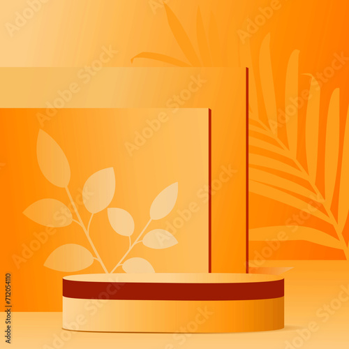Cylinder podium on orange background. Product presentation, mock up, show cosmetic product, Podium, stage pedestal or platform