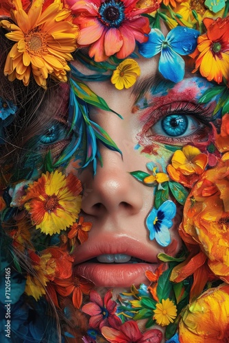 Floral Muse: Colorful Face of Digitally Painted Lady, Made of Flowers Style, Eye-Catching Composition, Artistic Elegance 