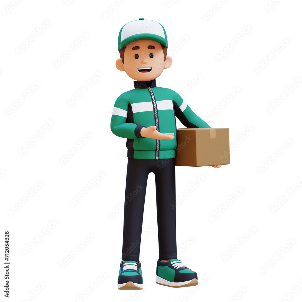 3D Delivery Man Character Presenting to the Left Pose with Parcel Box