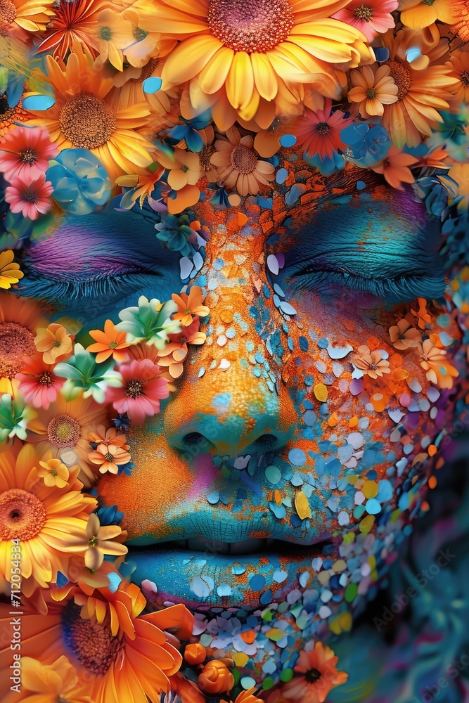 Floral Muse: Colorful Face of Digitally Painted Lady, Made of Flowers Style, Eye-Catching Composition, Artistic Elegance
