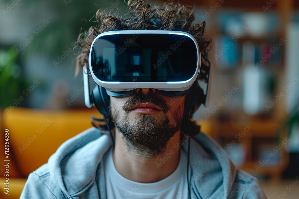 VR headset. Man wearing virtual reality goggles, future, gadgets, technology.
