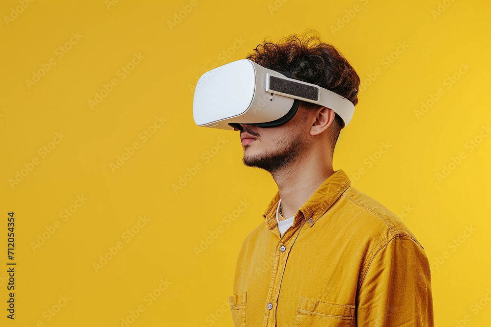 VR headset. Man wearing virtual reality goggles isolated on yellow background. VR headset. Man wearing virtual reality goggles isolated on yellow background.