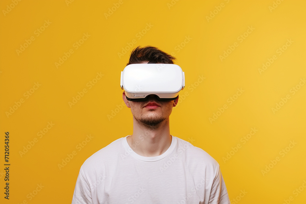 VR headset. Man wearing virtual reality goggles isolated on yellow background. VR headset. Man wearing virtual reality goggles isolated on yellow background.