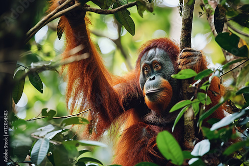 Sumatran orangutans climb trees in their natural habitat. photo