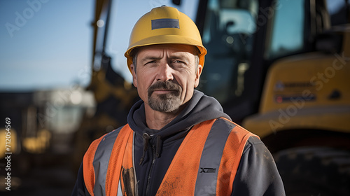 a man with dual roles as a driver and builder, showcasing his expertise while operating a crane or excavator at the construction site