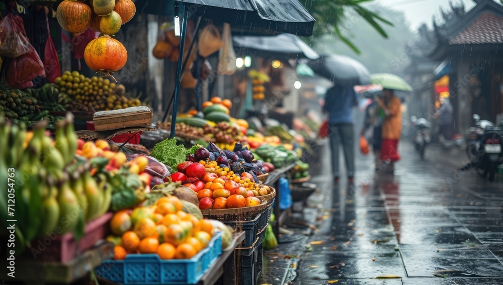 Rainy Day Bounty: Fruit and Vegetable Market in the Rain
