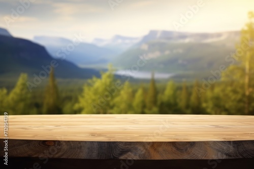 The empty wooden brown table top with blur background of Norway nature landscape. Exuberant image. generative AI © Summit Art Creations