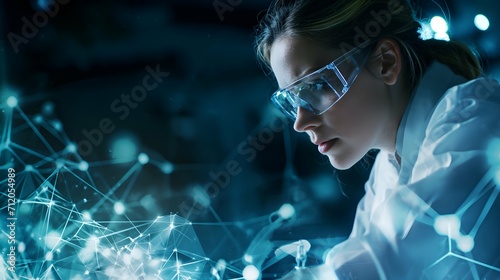 Young woman scientist in glasses and white coat working in laboratory. Mixed media
