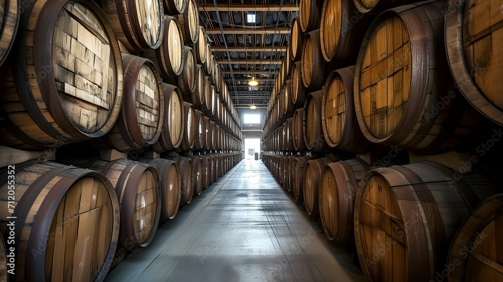 Wine barrels stacked in the cellar of the winery. Background
