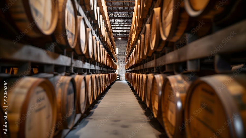 Wine barrels stacked in the cellar of the winery. Background