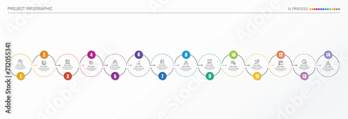 Infographic process design with icons and 14 options or steps.