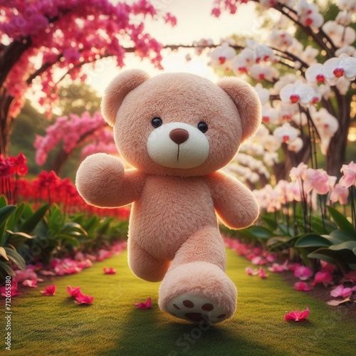 Cute Teddy Bear in Flowers Park, Teddy bear with flowers background