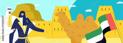 Arab man and woman in front of a desert landscape with a camel and UAE flag. An illustration showcasing Middle Eastern culture and heritage. Vector illustration