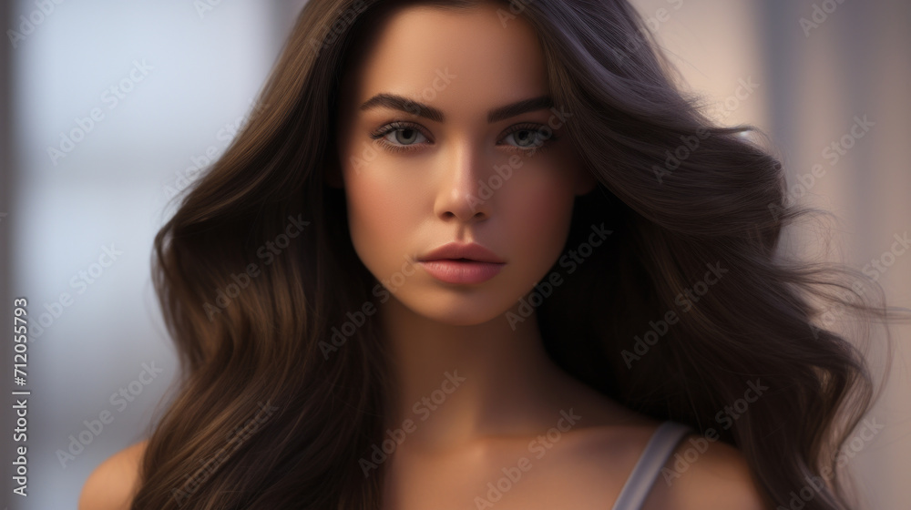 A captivating close-up portrait of a young woman with flowing dark hair and subtle makeup. A captivating close-up portrait of a young woman with flowing dark hair and subtle makeup.