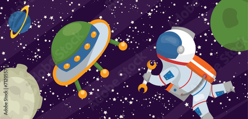 Astronaut with wrench floating in space near colorful planets. Outer space exploration and adventure vector illustration.