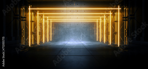 Fototapeta Naklejka Na Ścianę i Meble -  Sci Fi Futuristic Hyper Tunnel Corridor Car Showroom Technology Neon Laser Vibrant Yellow Lights Cement Floor Spotlights 3D Rendering