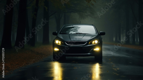 A sedan car with headlights on driving through a misty forest road in autumn.