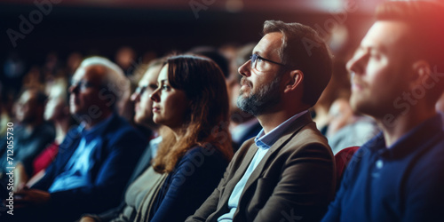 An engaged audience attentively listens to a speaker at a professional conference event.