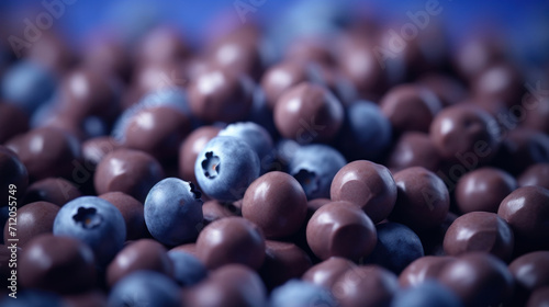 A macro shot of fresh blueberries among round chocolate treats  highlighting the textures and contrast between the items.