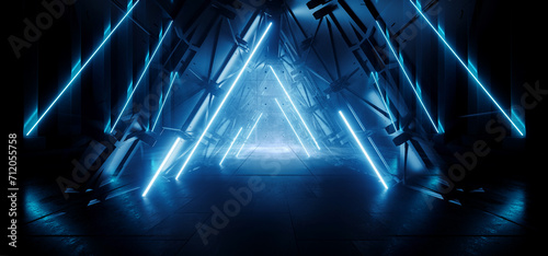 Fototapeta Naklejka Na Ścianę i Meble -  Futuristic Cyber Sci Fi Triangle Shaped Tunnel Corridor Alien Spaceship Hangar Warehouse Glowing Lasers Blue Electric Stage Showroom 3D Rendering