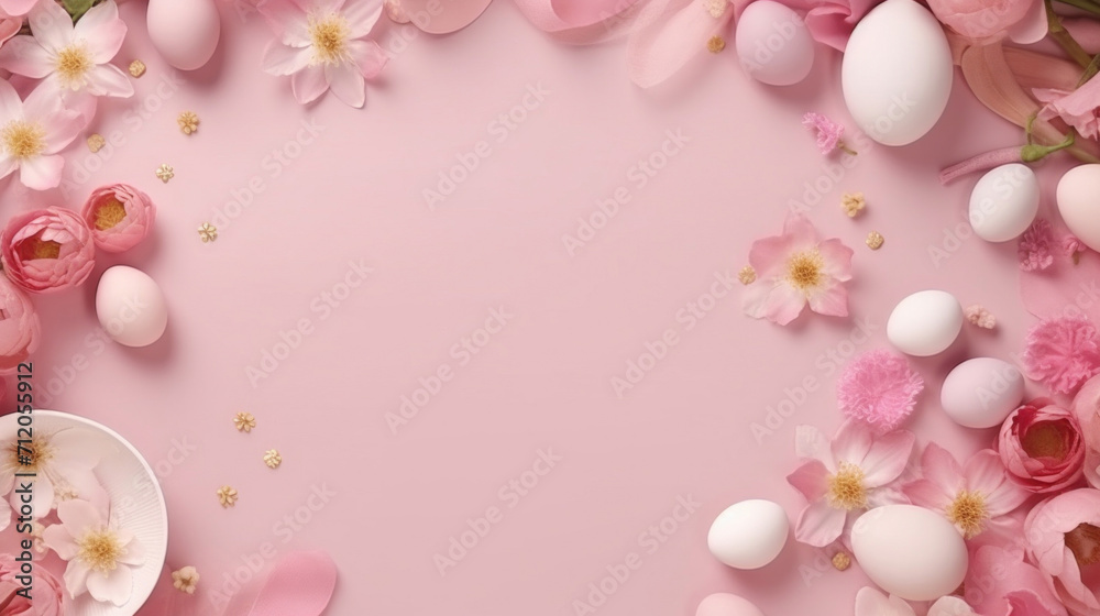 Easter-themed pink backdrop adorned with pastel eggs and a variety of spring flowers creating a festive mood.