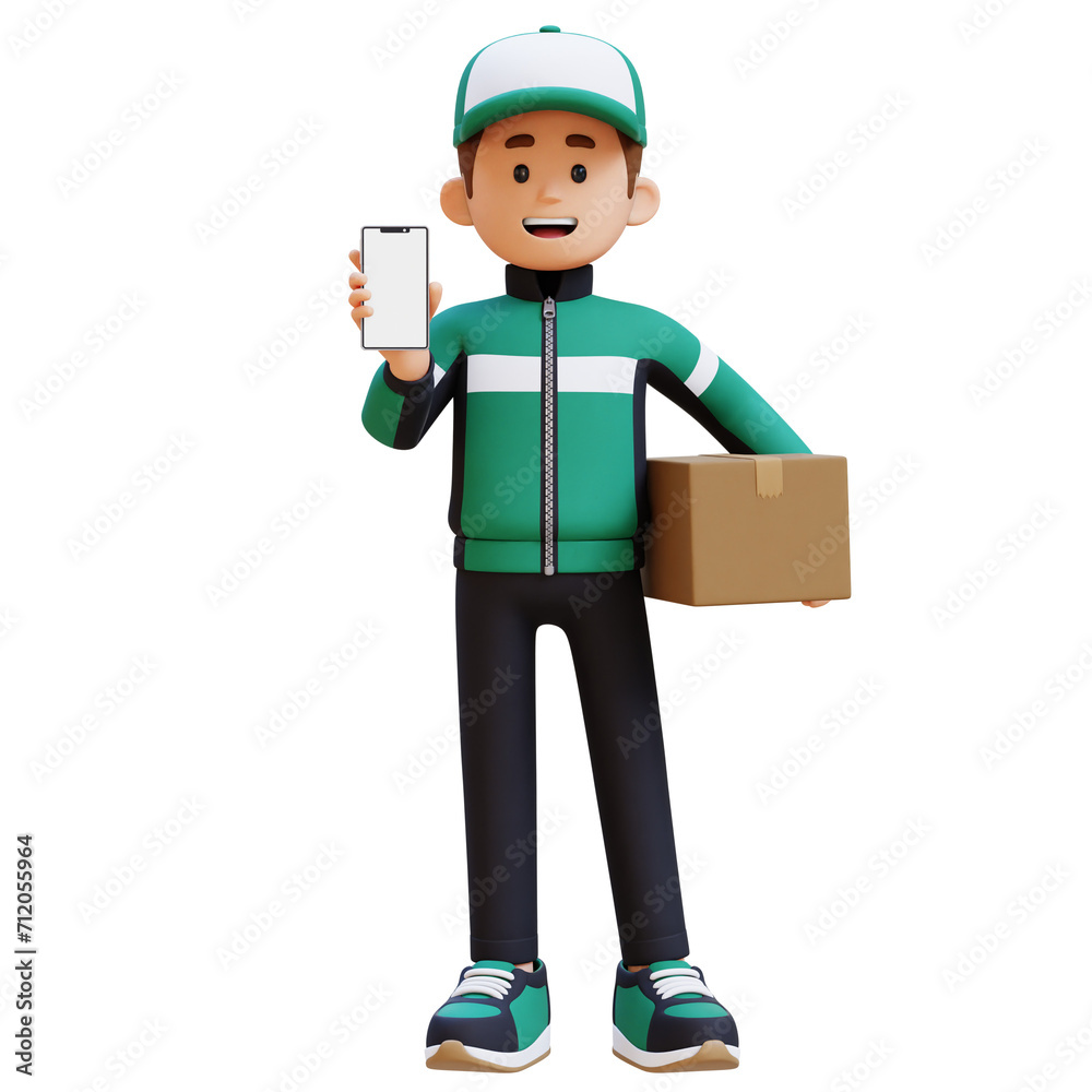3D Delivery Man Character presenting Empty Phone Screen and Carrying Parcel Box