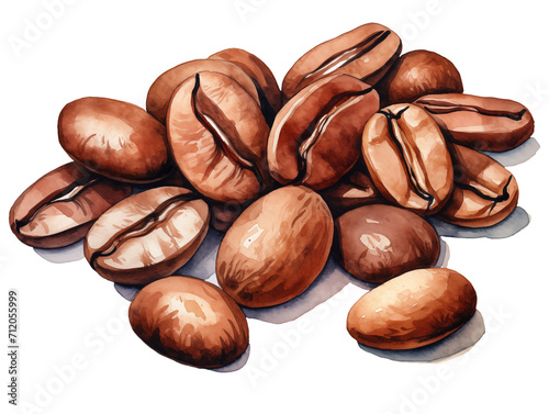 coffee beans close up watercolor illustration png isolated on a transparent background, drinks clipart 