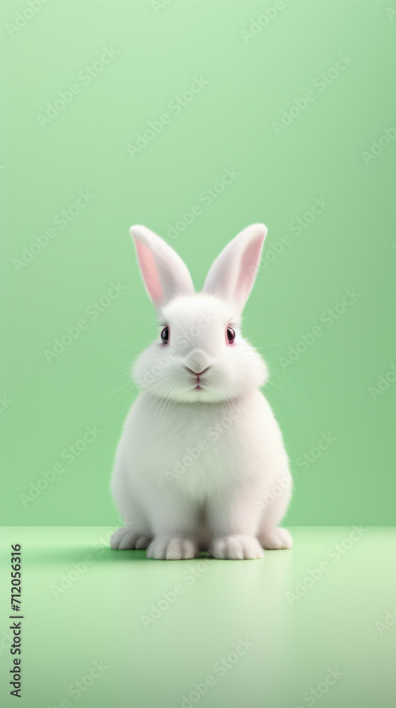 Fluffy white rabbit posing on a soft green background, perfect for spring or Easter themes.