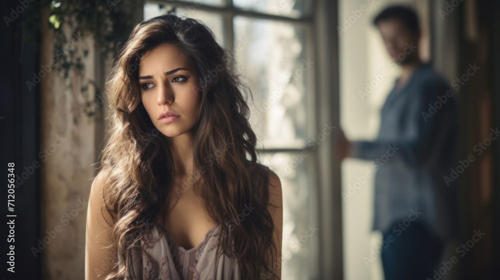 A thoughtful young woman in a moody setting with a blurred figure of a man in the background.