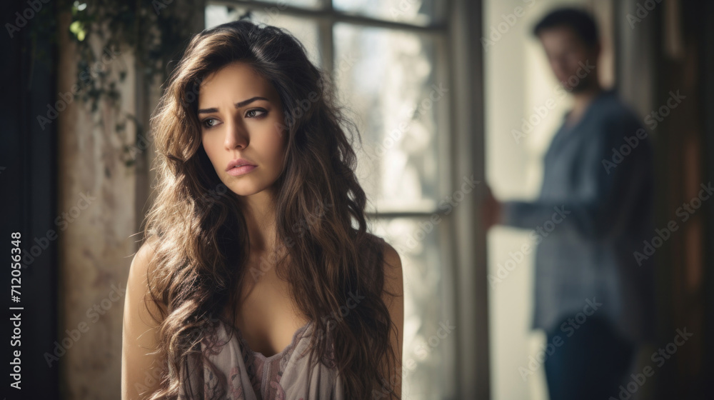 A thoughtful young woman in a moody setting with a blurred figure of a man in the background. A thoughtful young woman in a moody setting with a blurred figure of a man in the background.