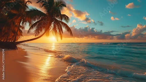 Colorful sunset over a beach with palm trees.