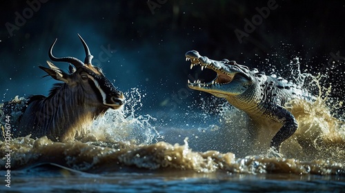 A crocodile hunting a gnu.