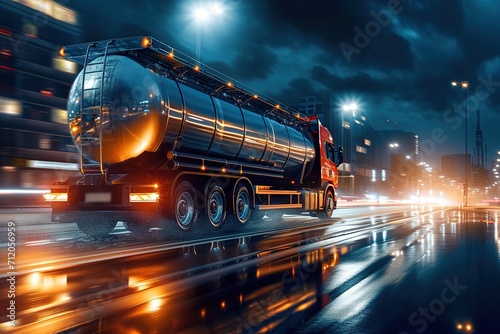A large tanker truck driving at night. photo