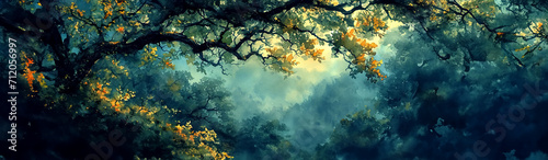 Serene painting watercolor of a lush tree branch with various shades of green leaves against a soft, misty background